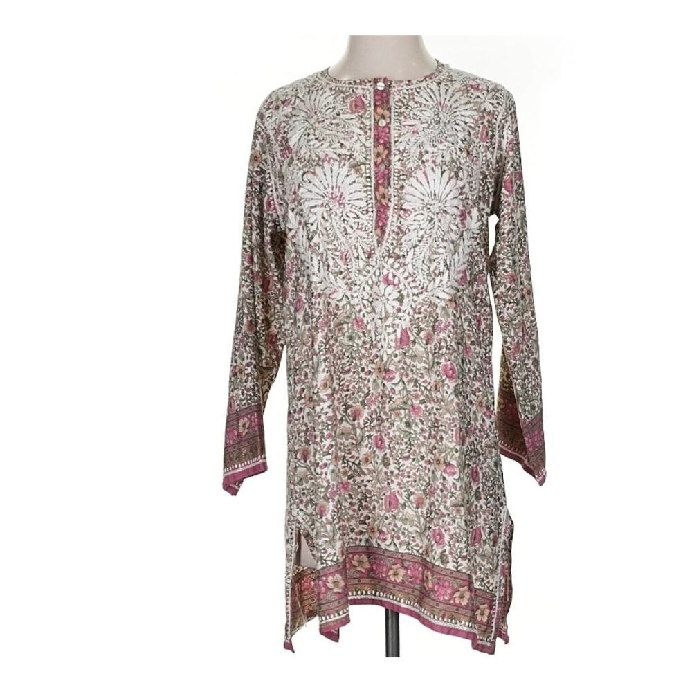 Colors Boho Floral Embroidered Tunic Top Cottagecore Peasant Blouse Sz S
